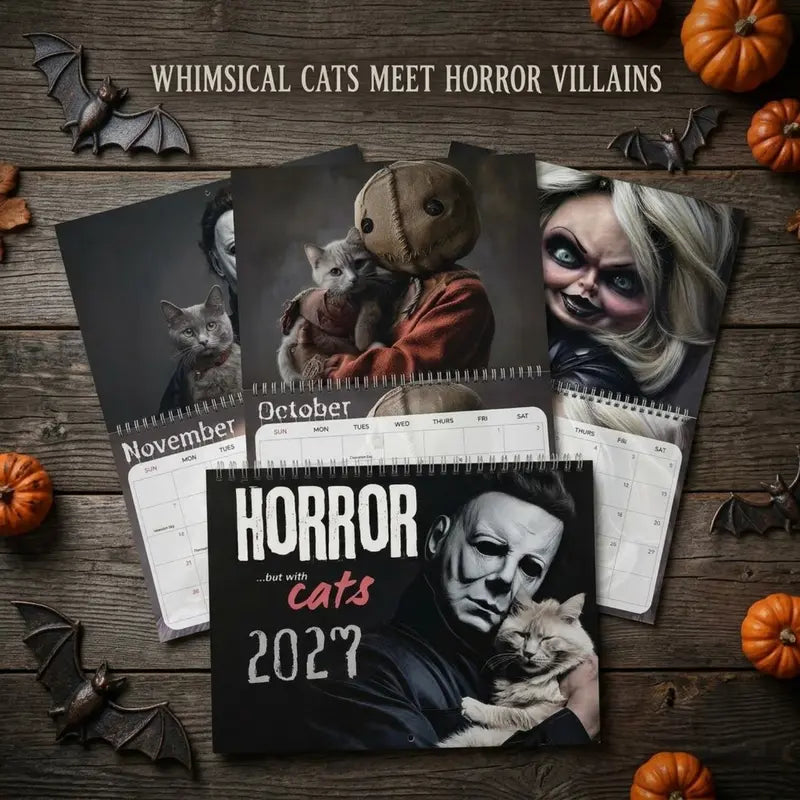 2027 Whimsical Cat Wall Calendar with Funny Horror Movie Villains and 12 Monthly Art Prints