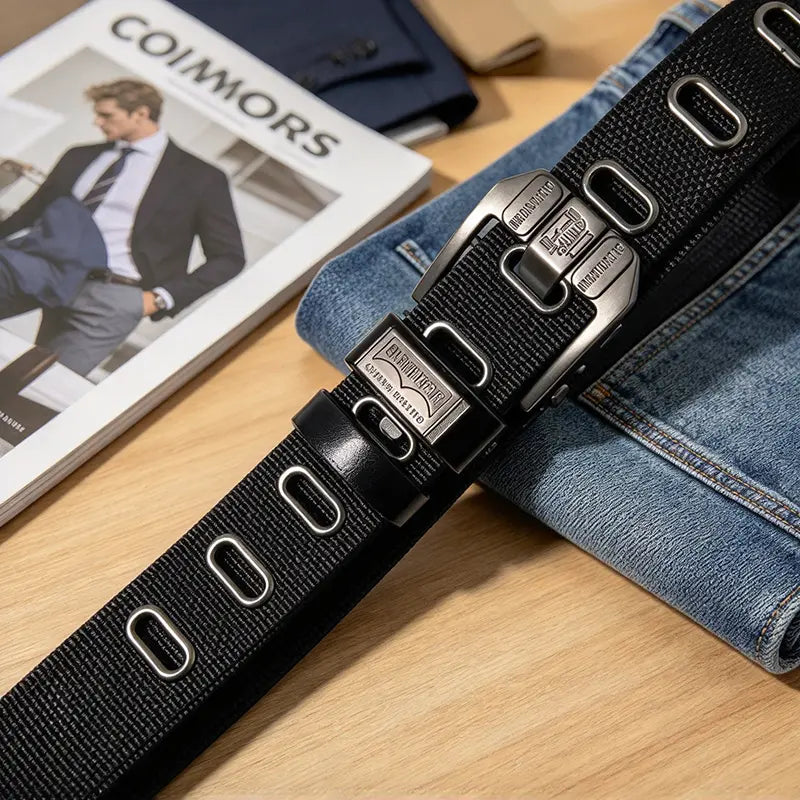 Unisex Minimalist Stylish Waistband Belt (1-Piece), Casual Business Trendy Belt for Women, Buckle-Free Easy Adjustable Holeless Eyelet-Free Cotton-PU Leather Strap, Large Square Alloy Buckle with Brass Accents, Durable Flexible Slip-On, Holiday Gift