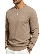 Men's Textured Checkered Knit Sweatshirt, Crew Neck Long Sleeve, Soft Lightweight Casual Top, Minimalist Fall/Winter Knitwear