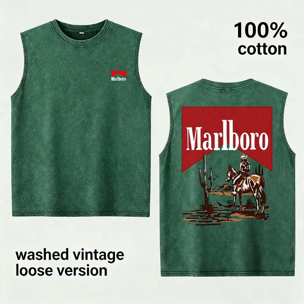 Vintage Washed Western Cowboy Sleeveless Tank Top for Men Women, 100% Cotton Oversized Desert Horse Rider Graphic Muscle Shirt, Retro Ranch Style Streetwear Tee, Casual Summer Gym Shirt, Gift for Boyfriend Husband Dad Country Fans