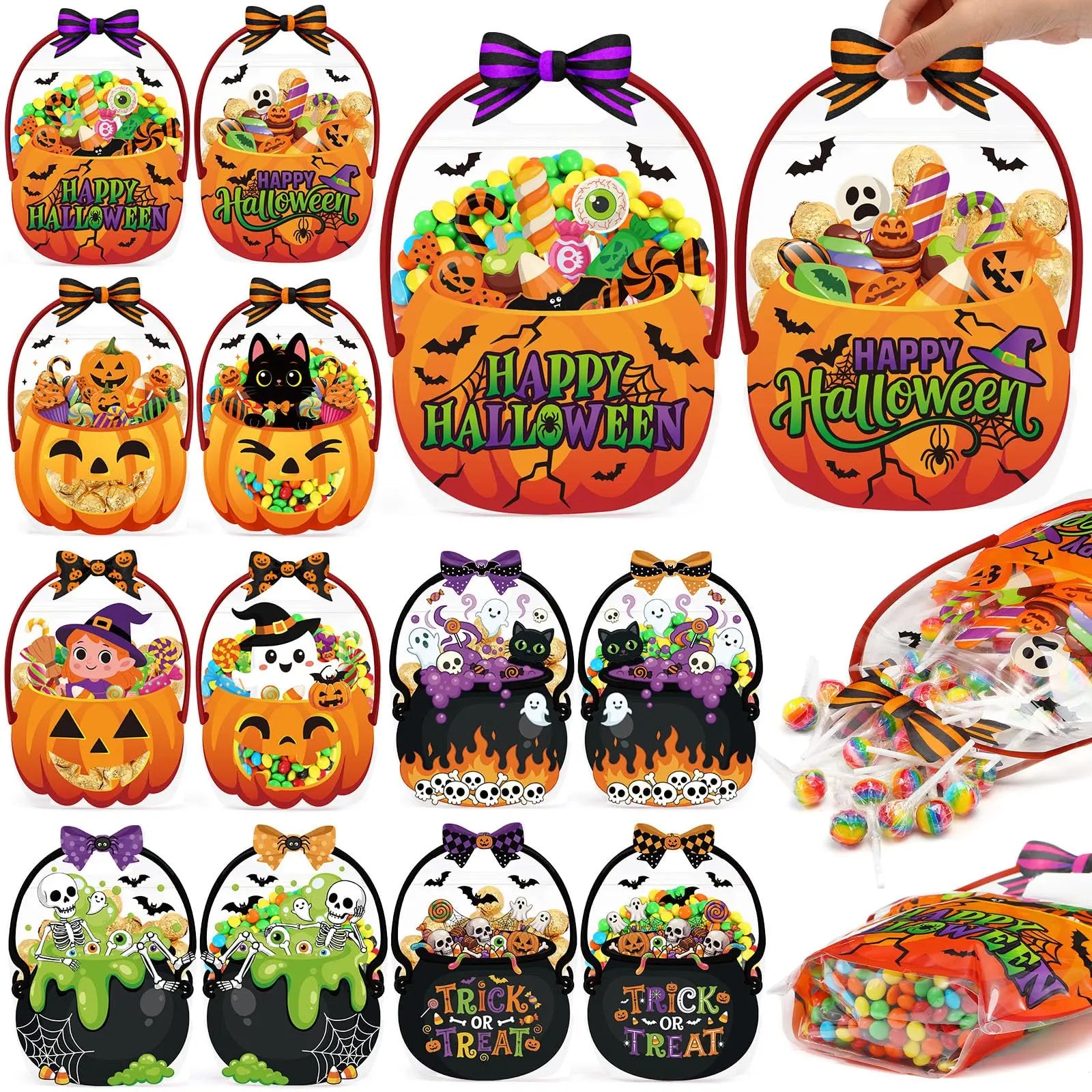 24/50 Pcs Halloween Goodie Bags Plastic Candy Bag Trick or Treat Bags with Cauldron Skeleton black Cat Skull Pumpkin Design,Treat Bags for Student Teacher Colleagues Neighbors,Classroom Snack Storage for Halloween Birthday Party Favor Supplies