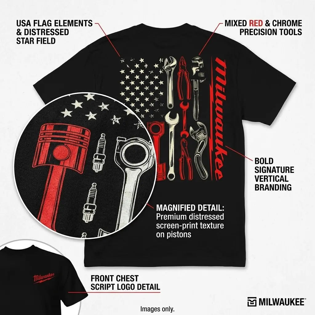 Men's Vintage Milwaukee Tools Mechanic Graphic Tee - All-Season Wear, Basic Loose Round Neck Short-Sleeve Black Cotton Tshirt, USA Flag Print Menswear Tops