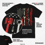 Men's Vintage Milwaukee Tools Mechanic Graphic Tee - All-Season Wear, Basic Loose Round Neck Short-Sleeve Black Cotton Tshirt, USA Flag Print Menswear Tops
