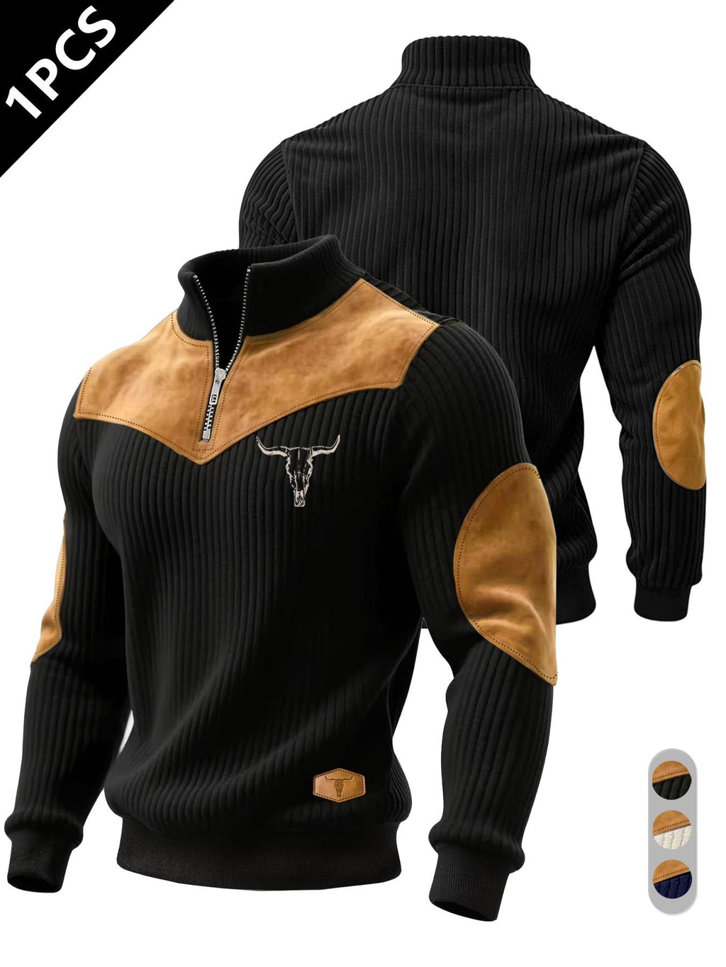 Men's Half-Zip Stand Collar Knit Top, Suede Texture Shoulder Patches, Bull Head Print, Slim Fit, Retro American Style, Casual Wear, Knitwear