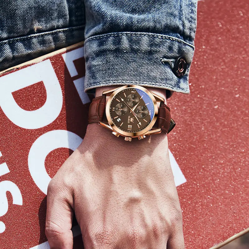 OLEVS Men's Chronograph Watch with Leather Strap, Luminous Hands and Gold Case for Daily Wear