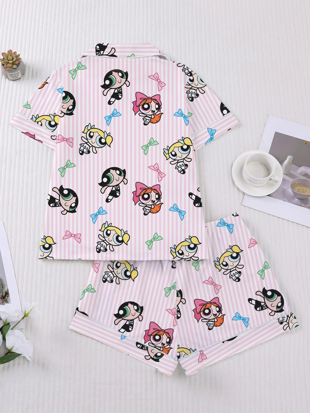Women's Cartoon Print Short Sleeve Pajama Set with Shorts