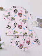 Women's Cartoon Print Short Sleeve Pajama Set with Shorts