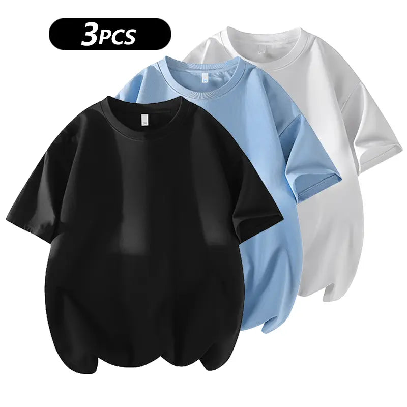 summervibes Men's 3PCS 100% cotton Crew Neck T-Shirts Set - Soft Loose Fit Navy Gray Black Tees for Casual Daily Wear Crewneck Classic