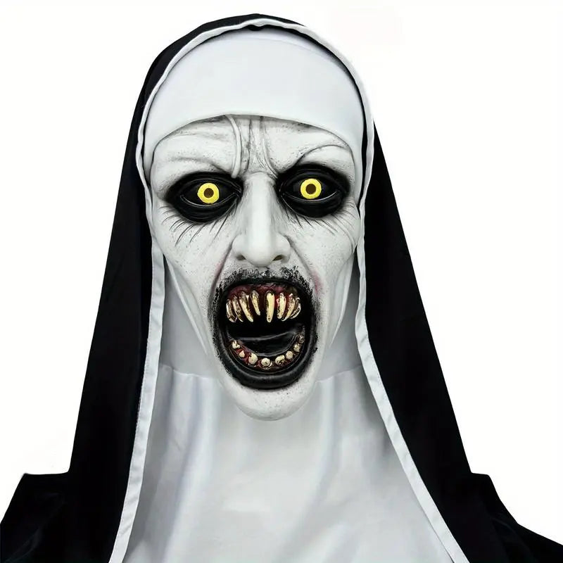 Funky Nun Latex Mask for Halloween - Creepy Horror Costume Accessory with Yellow Eyes & Distorted Teeth for Halloween & Cosplay