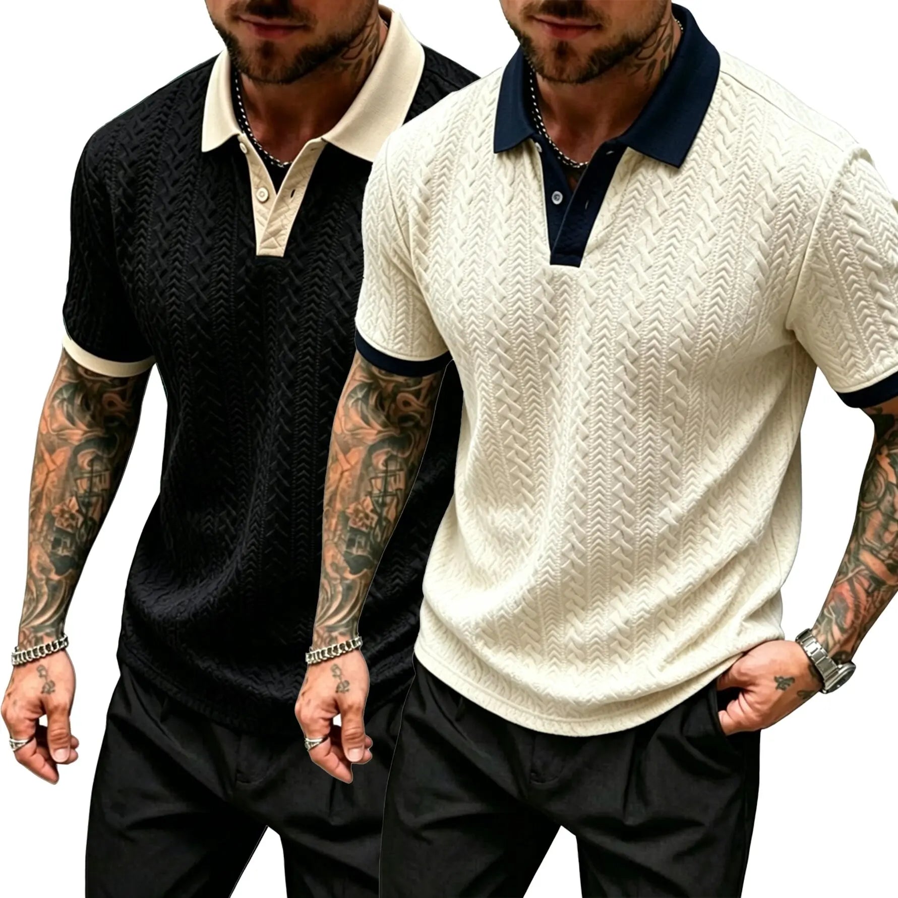 CasualCool Men's Old Money Contrast Knit Short-Sleeve Polo Shirt (Cream)