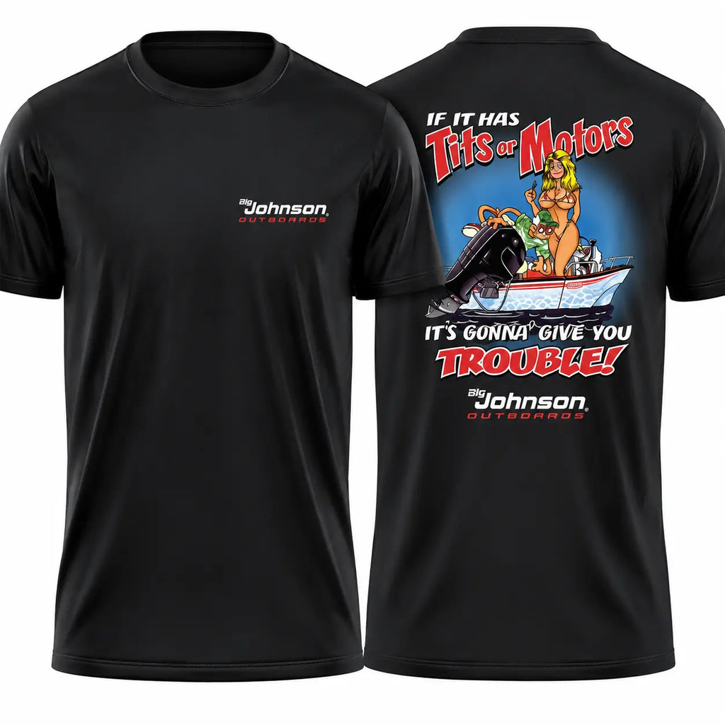Women's Big Johnson Outboards 2-Sided Vintage Boating Graphic Top - Soft Cotton Blend Fabric, Round Neck Short-Sleeve Women's Clothes, Retro Humor Apparel, Gift for Boating Fans