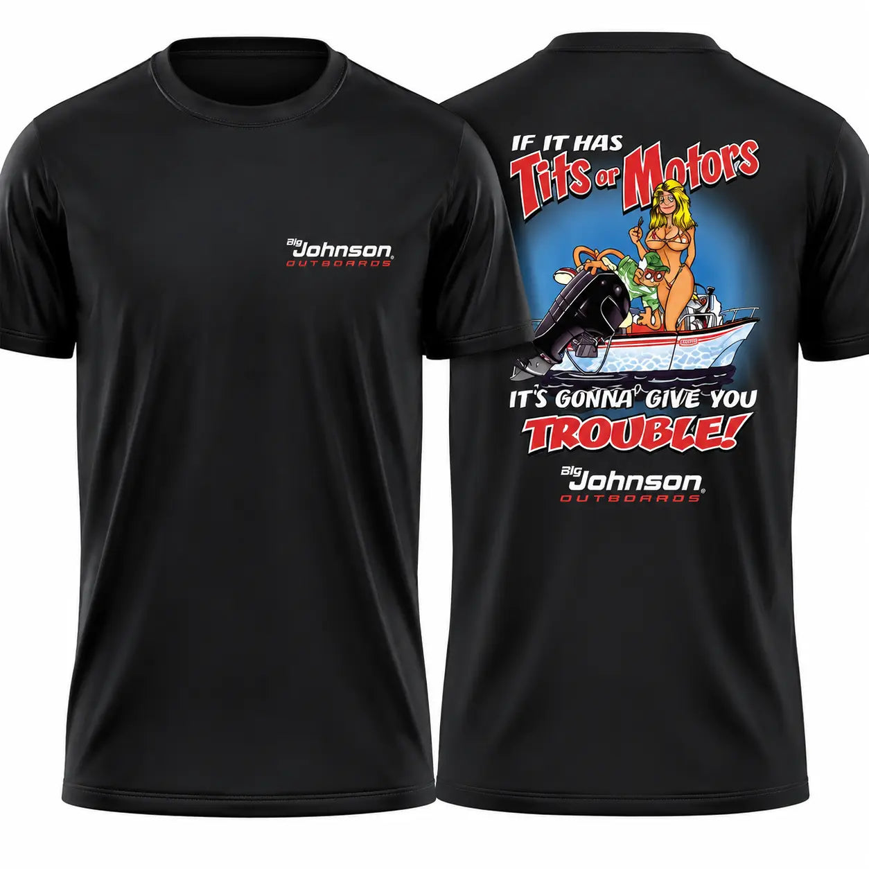Women's Big Johnson Outboards 2-Sided Vintage Boating Graphic Top - Soft Cotton Blend Fabric, Round Neck Short-Sleeve Women's Clothes, Retro Humor Apparel, Gift for Boating Fans