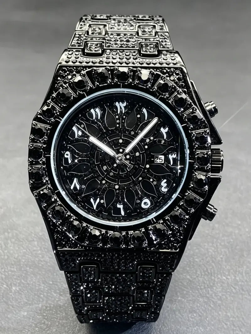 Men's Rhinestone Quartz Watch with Iced Dial