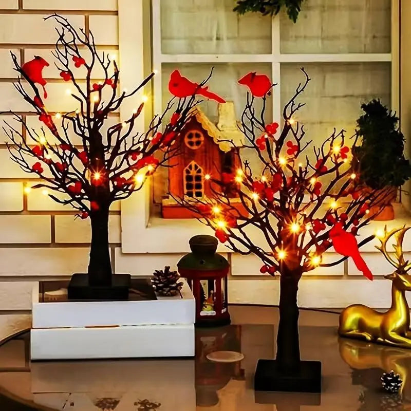 Festival Luminous Vintage Design 2-Piece 21-in Faux Raspberry Tree Stand Decorative Lights - AA-Powered, Red Raspberries, 8 Bird Decorations, Desktop Home/Party Decor for Weddings, Birthdays