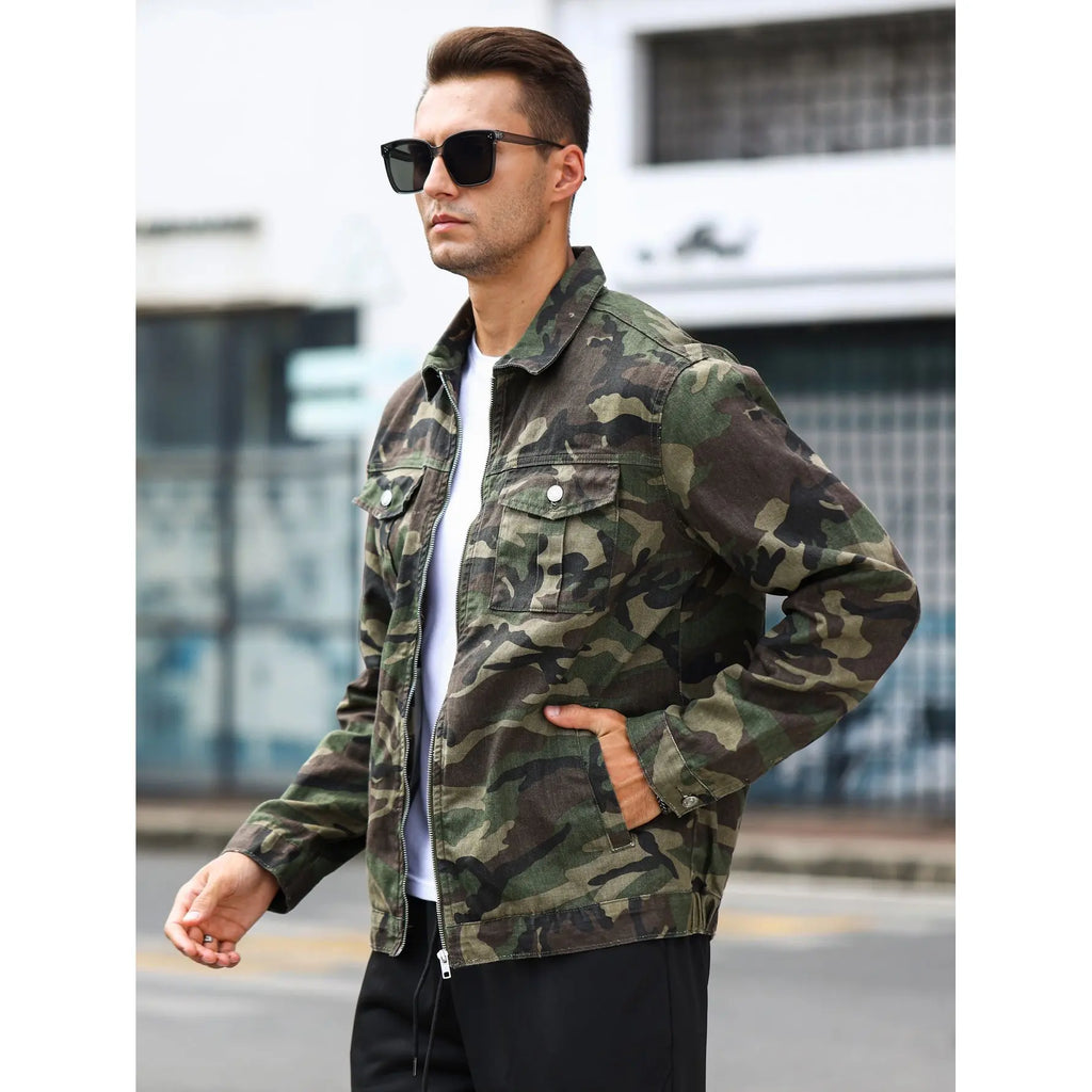 Men's Military Style Camouflage Zip-Up Jacket with Chest Pockets