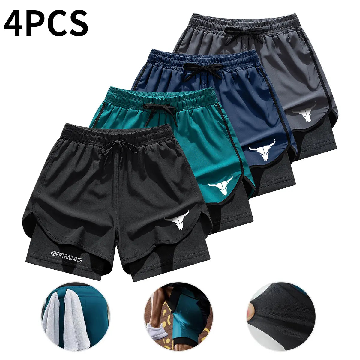 4-Pack Men's 2-in-1 Double-Layer Gym Shorts with Pockets