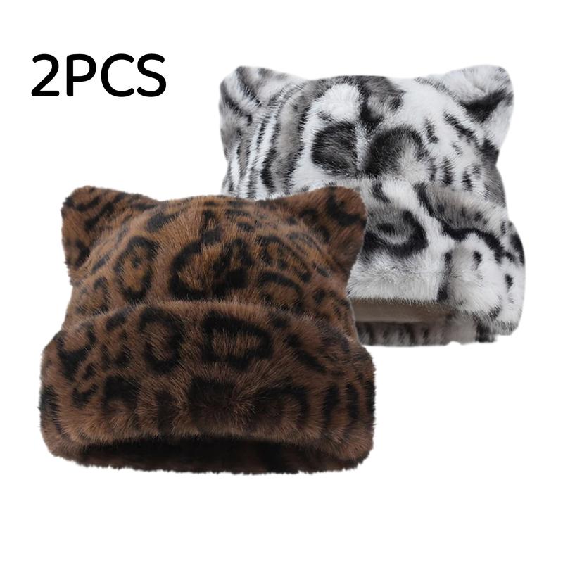 Cute Cat Ear Plush Hat, Fuzzy Leopard Print Winter Beanie, Soft Warm Cuffed Animal Hat for Women and Teens, Daily Wear, Holiday Gift