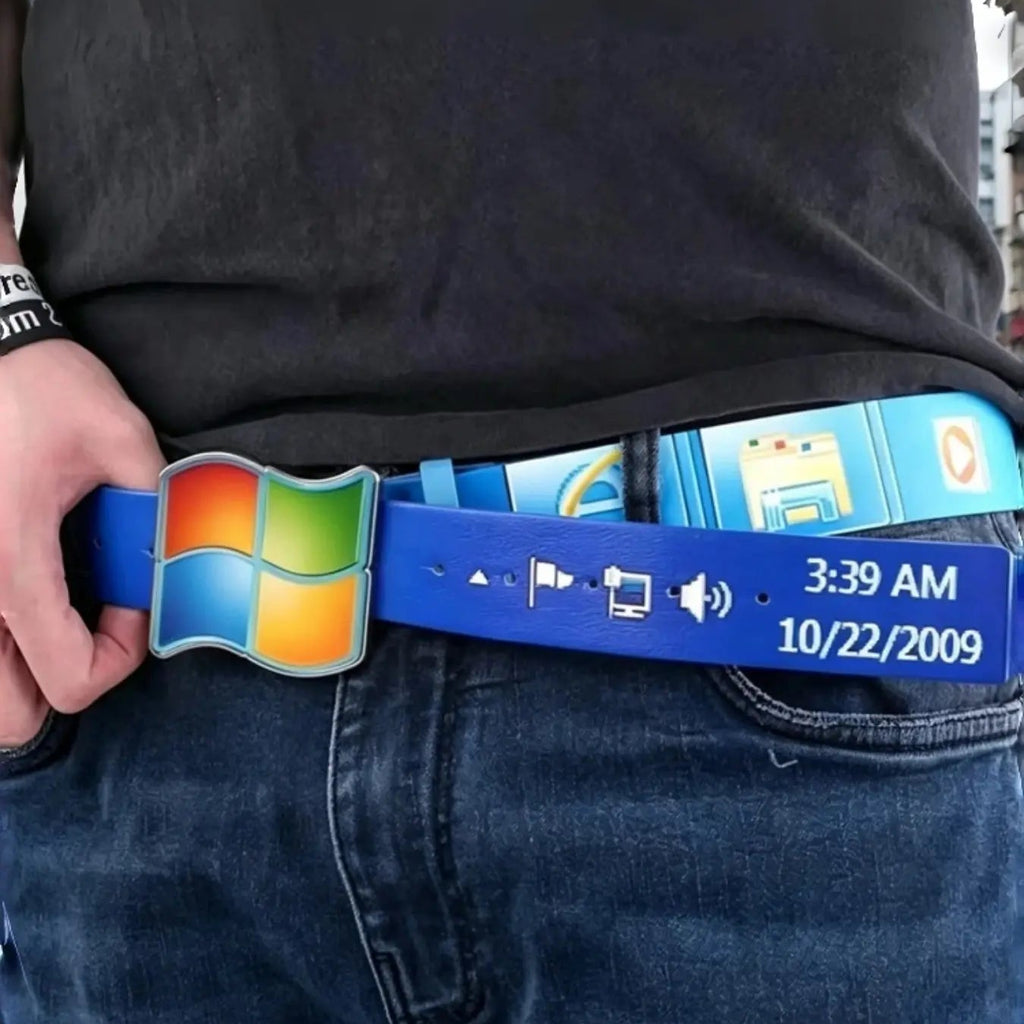 Unisex Y2K Retro Windows Vista Belt, Four-Color Logo Alloy Buckle, Vintage Computer Desktop Print PU Waist Belt, Statement Belt, Printed Belt, PU Leather Belt