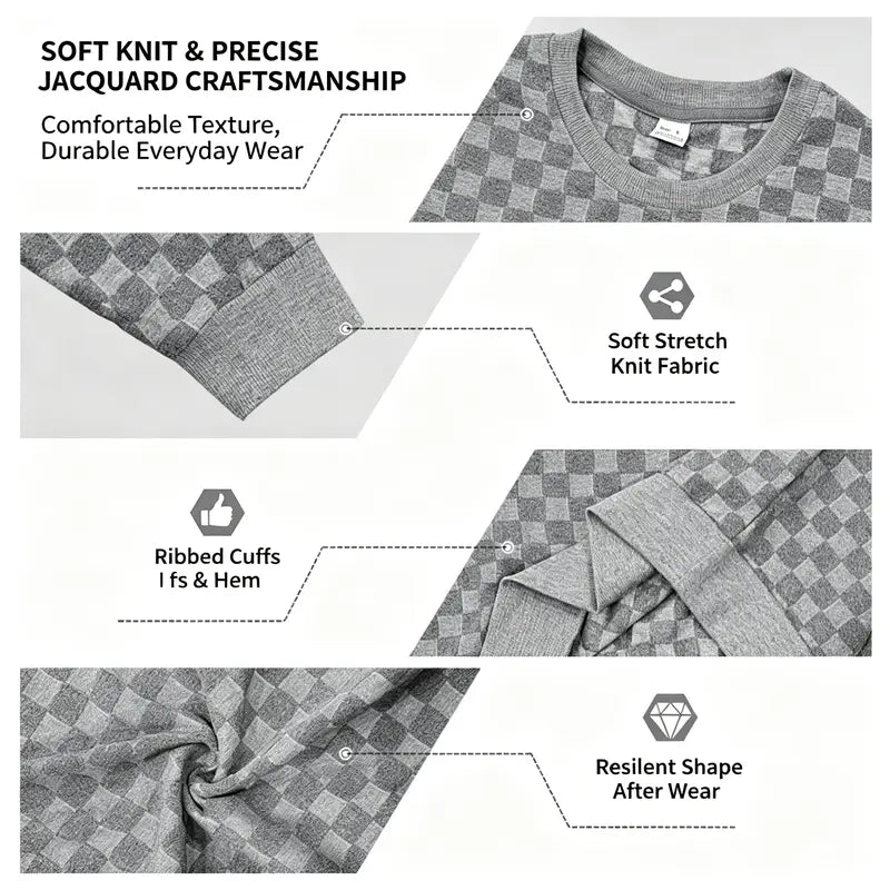 4-Pack Men's Plaid Knit Sweatshirts, Textured Grid Pattern Long Sleeve, Soft Lightweight Casual Top, Ideal for Fall Winter Streetwear
