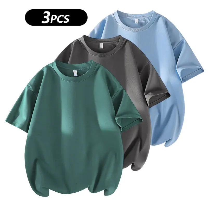 summervibes Men's 3PCS 100% cotton Crew Neck T-Shirts Set - Soft Loose Fit Navy Gray Black Tees for Casual Daily Wear Crewneck Classic