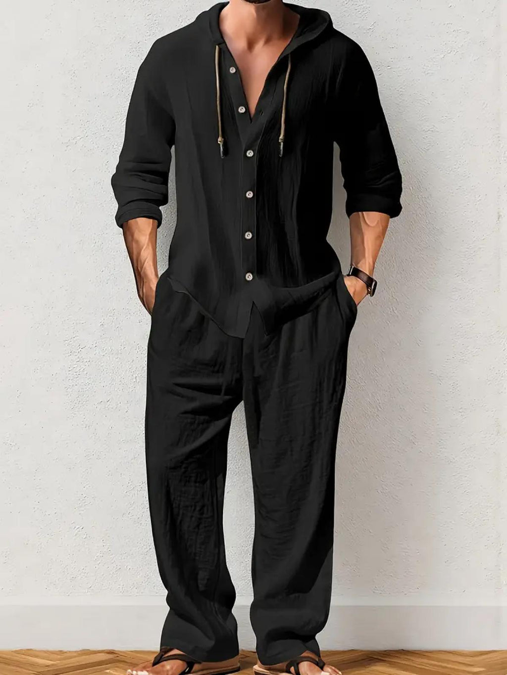 2-Piece Set Men's lightweight Trendy Hooded，Made From Soft Linen，Casual Vacation Style, Loose Fit Breathable Fabric,Long Hoodie & Wide-Leg Pants, Summer Wear outdoorfun Sweatshirt Clothes Fashion Trouser