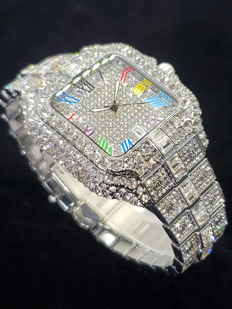 Men's Rhinestone Decorated Square Quartz Watch, Rhinestone Embellished Watch, for Men As Gift with Box, Square Dial, Stainless Steel Wristwatch, Rhinestone Watches