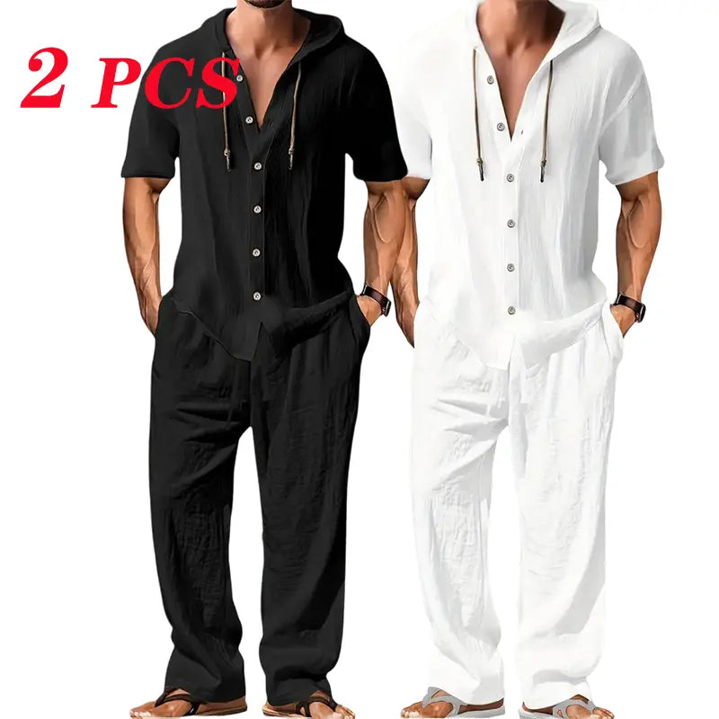 Men's 2-Piece Linen Washed Athletic Set - Stylish Plain Hooded Drawstring Sweatshirt, Loose Breathable Thin Fabric Wide-Leg Pants, Black + White Shortsleeve Casual Summer Menswear Sets, Men's 2 Piece Sets