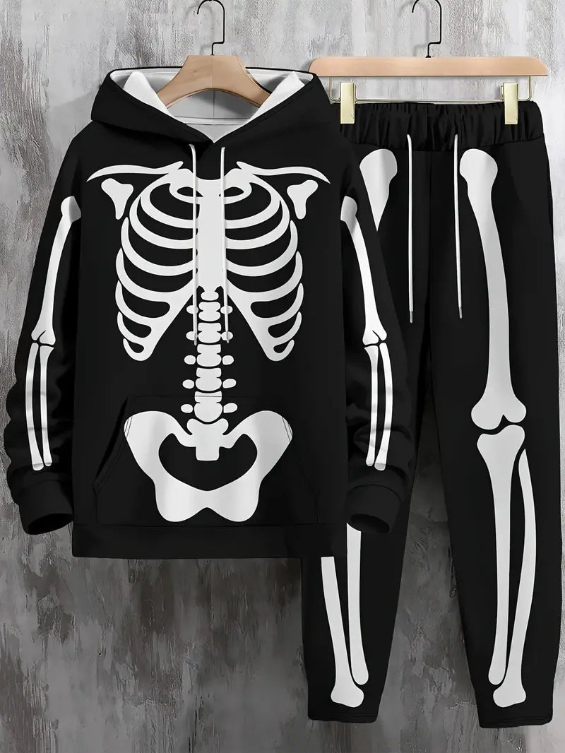 Men's Halloween Skeleton Print Hoodie and Pants Set