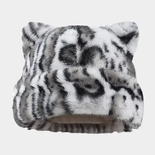 Cute Cat Ear Plush Hat, Fuzzy Leopard Print Winter Beanie, Soft Warm Cuffed Animal Hat for Women and Teens, Daily Wear, Holiday Gift