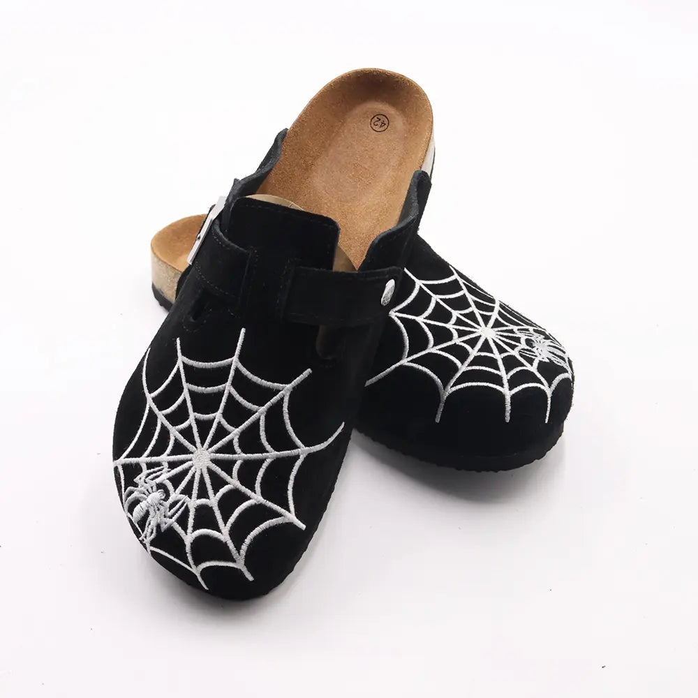 Gothic Men's Boston-Style Clogs with Spider & Web Embroidery, Comfort Cork Footbed, Adjustable Buckle Casual Slip-On Shoes