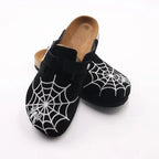 Gothic Men's Boston-Style Clogs with Spider & Web Embroidery, Comfort Cork Footbed, Adjustable Buckle Casual Slip-On Shoes