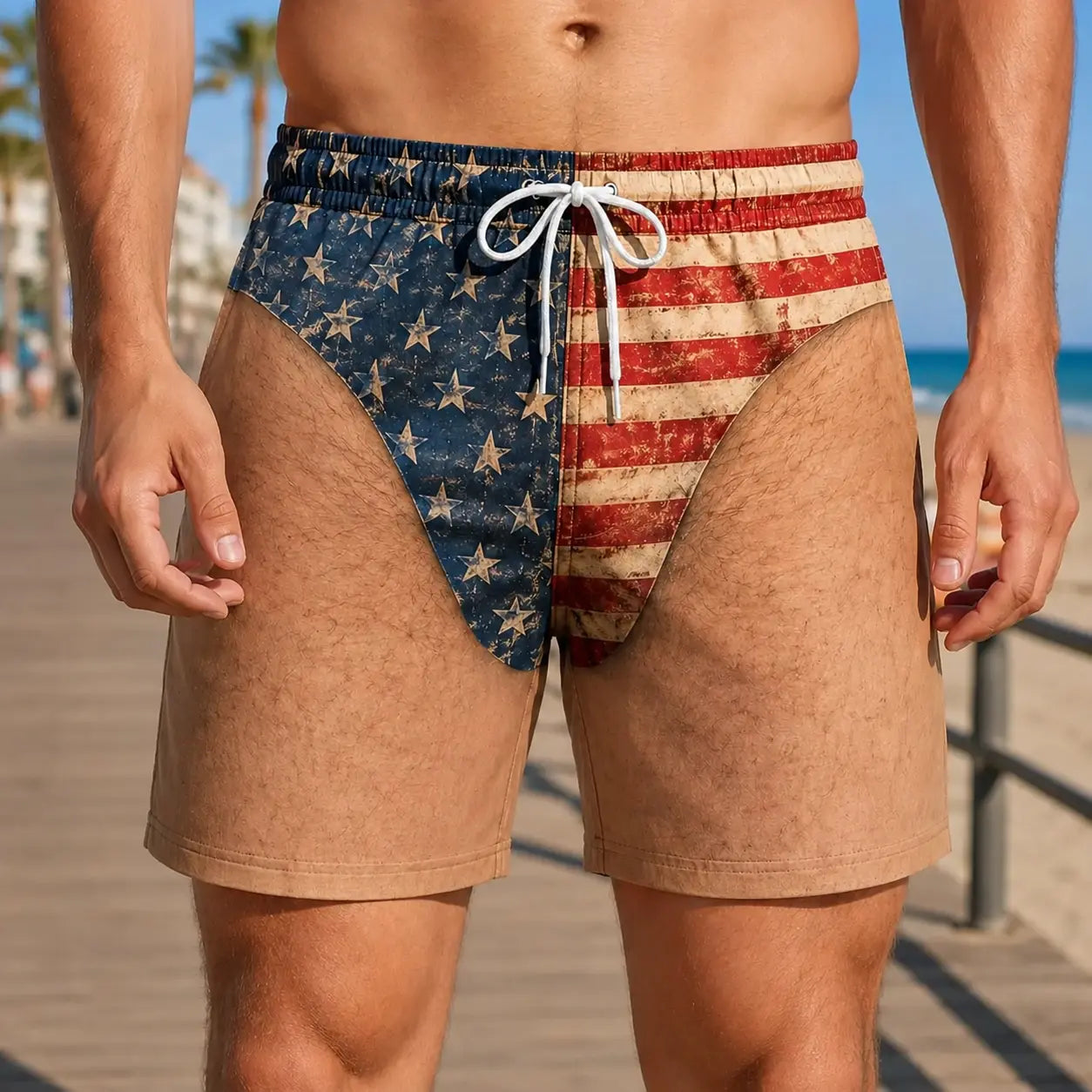 Men's Novelty Patriotic Swim Trunks - American Flag Freedom & Chill Quick Dry Beach Shorts with Mesh Lining - Funny Ugly Summer Hawaiian Shirt Vacation Gifts for Him