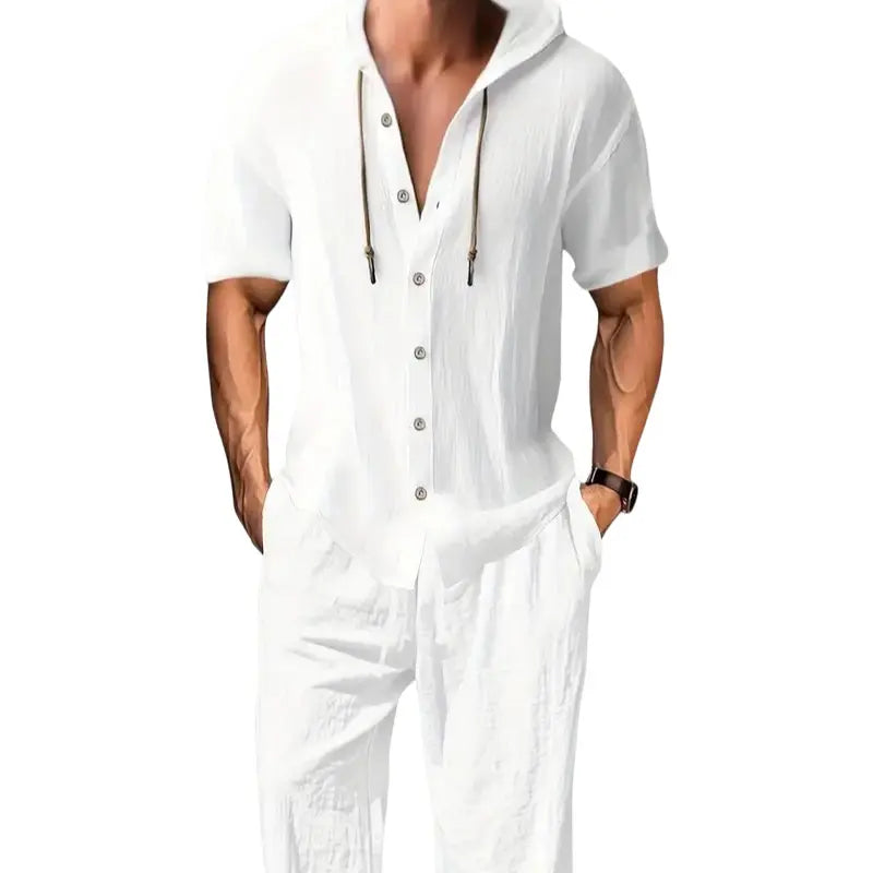 Men's 2-Piece Linen Washed Athletic Set - Stylish Plain Hooded Drawstring Sweatshirt, Loose Breathable Thin Fabric Wide-Leg Pants, Black + White Shortsleeve Casual Summer Menswear Sets, Men's 2 Piece Sets