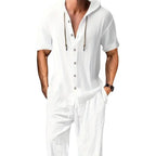 Men's 2-Piece Linen Washed Athletic Set - Stylish Plain Hooded Drawstring Sweatshirt, Loose Breathable Thin Fabric Wide-Leg Pants, Black + White Shortsleeve Casual Summer Menswear Sets, Men's 2 Piece Sets
