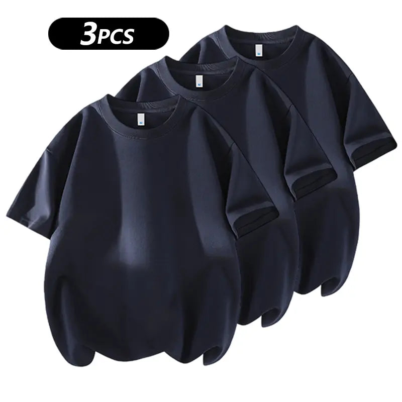 summervibes Men's 3PCS 100% cotton Crew Neck T-Shirts Set - Soft Loose Fit Navy Gray Black Tees for Casual Daily Wear Crewneck Classic