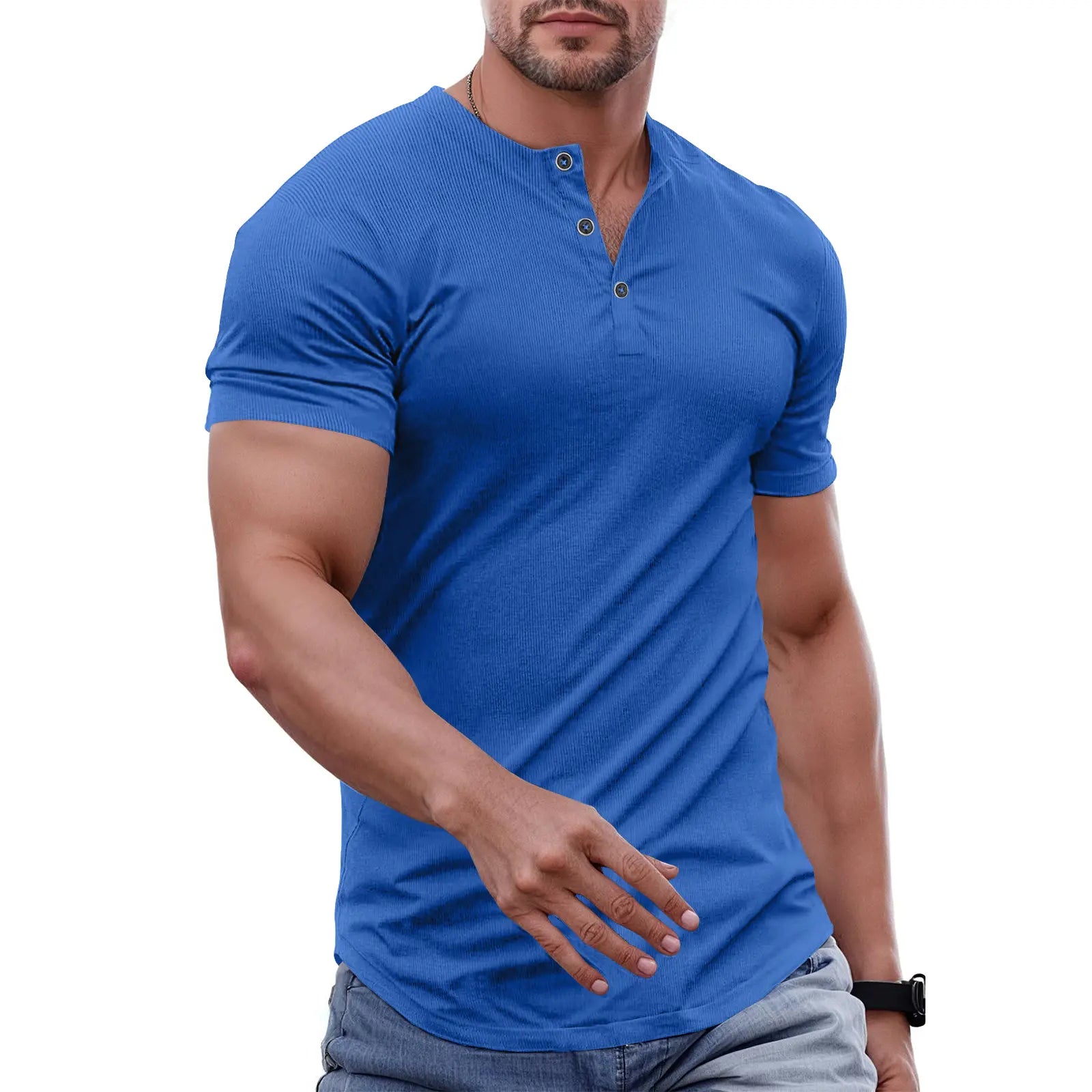 Men's Slim Fit Henley Athletic Longline Workout T-Shirt Heavyweight Stretch