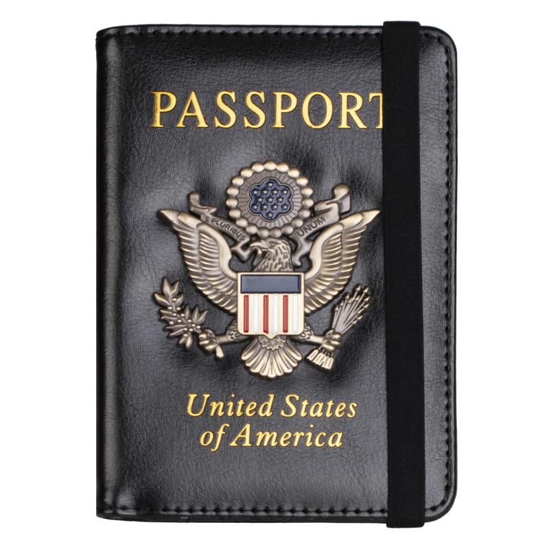 RFID Blocking Passport Holder for Women Men, Leather Passport Travel Wallet with Metal 3D Metal Badge, Travel Document Holder Cover Accessories (Dark Blue)