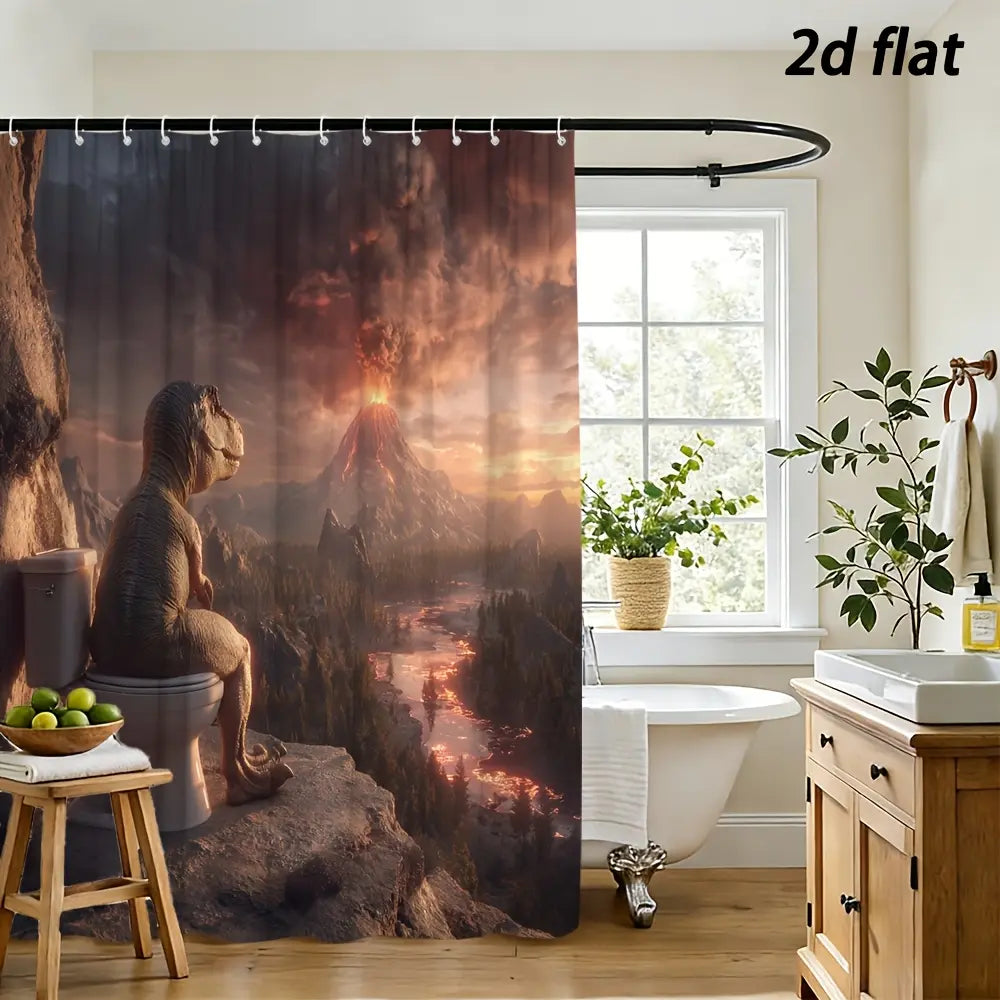 PAUSEBOLL [Back to School] Funny Peach-Patterned Waterproof Polyester Dinosaur Shower Curtain, Bathroom Decor with T-Rex on Toilet & Volcano Backdrop, Includes Hooks, Great Gift for Animal Lovers