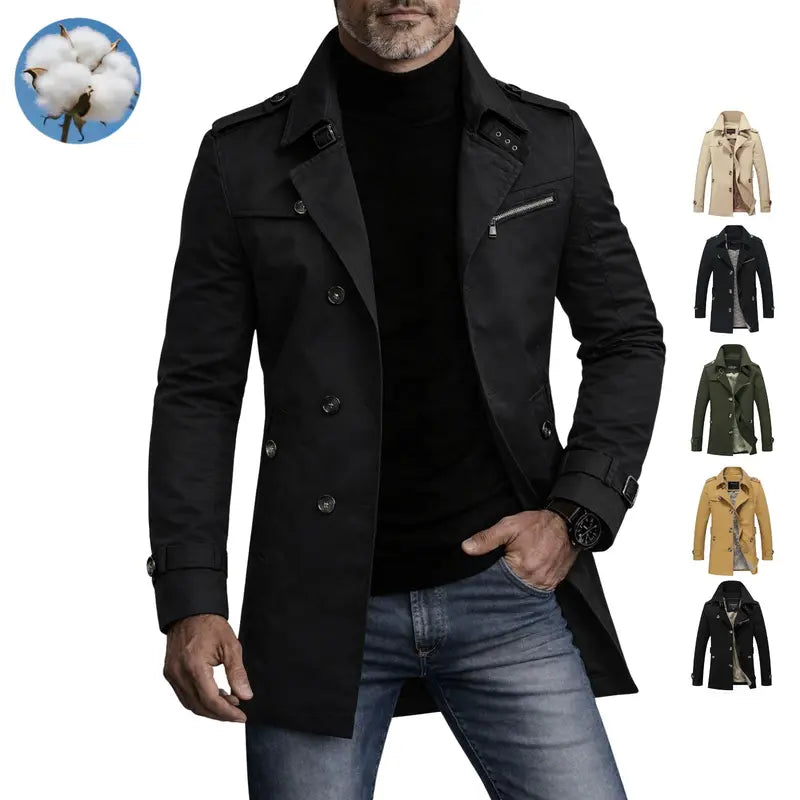 Men’s Elegant Plain Long Pea Coat - Single-Breasted, Turn-Down Collar, Slim Fit Casual Outdoor Jacket, Mens Tops Outerwear for Office, Everyday Wear