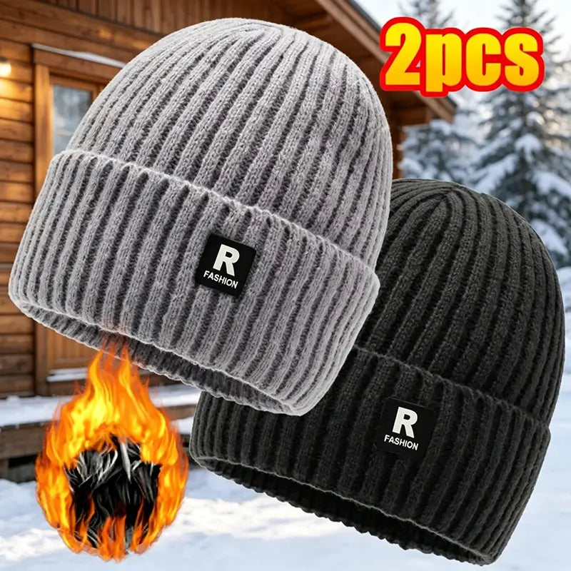 2‑Pack Men Winter Fleece Lined Knit Beanie Hat, Thick Cuffed Skull Cap for Large Head, Warm Thermal Hat for Cycling Skiing Outdoor Daily Wear