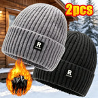 2‑Pack Men Winter Fleece Lined Knit Beanie Hat, Thick Cuffed Skull Cap for Large Head, Warm Thermal Hat for Cycling Skiing Outdoor Daily Wear
