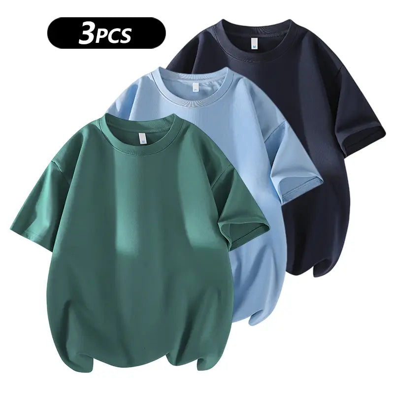 summervibes Men's 3PCS 100% cotton Crew Neck T-Shirts Set - Soft Loose Fit Navy Gray Black Tees for Casual Daily Wear Crewneck Classic