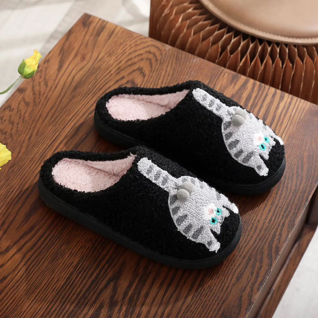Women's Cat Cotton Slippers Fun & Comfortable Plush Footwear for Men & Women Autumn Winter Indoor Use Cozy Stylish - Girl Black
