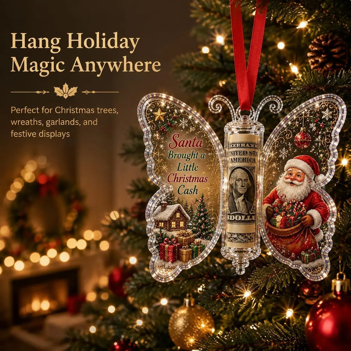 Christmas Cash Gift Ornament - Butterfly Money Holder with Acrylic (5Pcs/1 Set) Clear cash display with transparent holder, a creative Christmas gift idea for holiday tree hanging ornament decor (Peel Off Protective Film for Crystal Clear View)