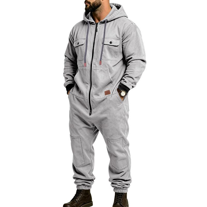 Men’s Hooded Cargo Jumpsuit for Men, Multi-Pocket Zip Front Workwear Coveralls, Relaxed Fit Long Sleeve Utility One Piece Outfit, Outdoor Work Hiking Camping Travel Streetwear Casual Overall with Elastic Cuffs and Drawstring Hood