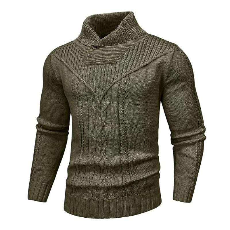 Men's Shawl Collar Cable Knit Pullover Sweater with Button Detail and Long Sleeves for Winter