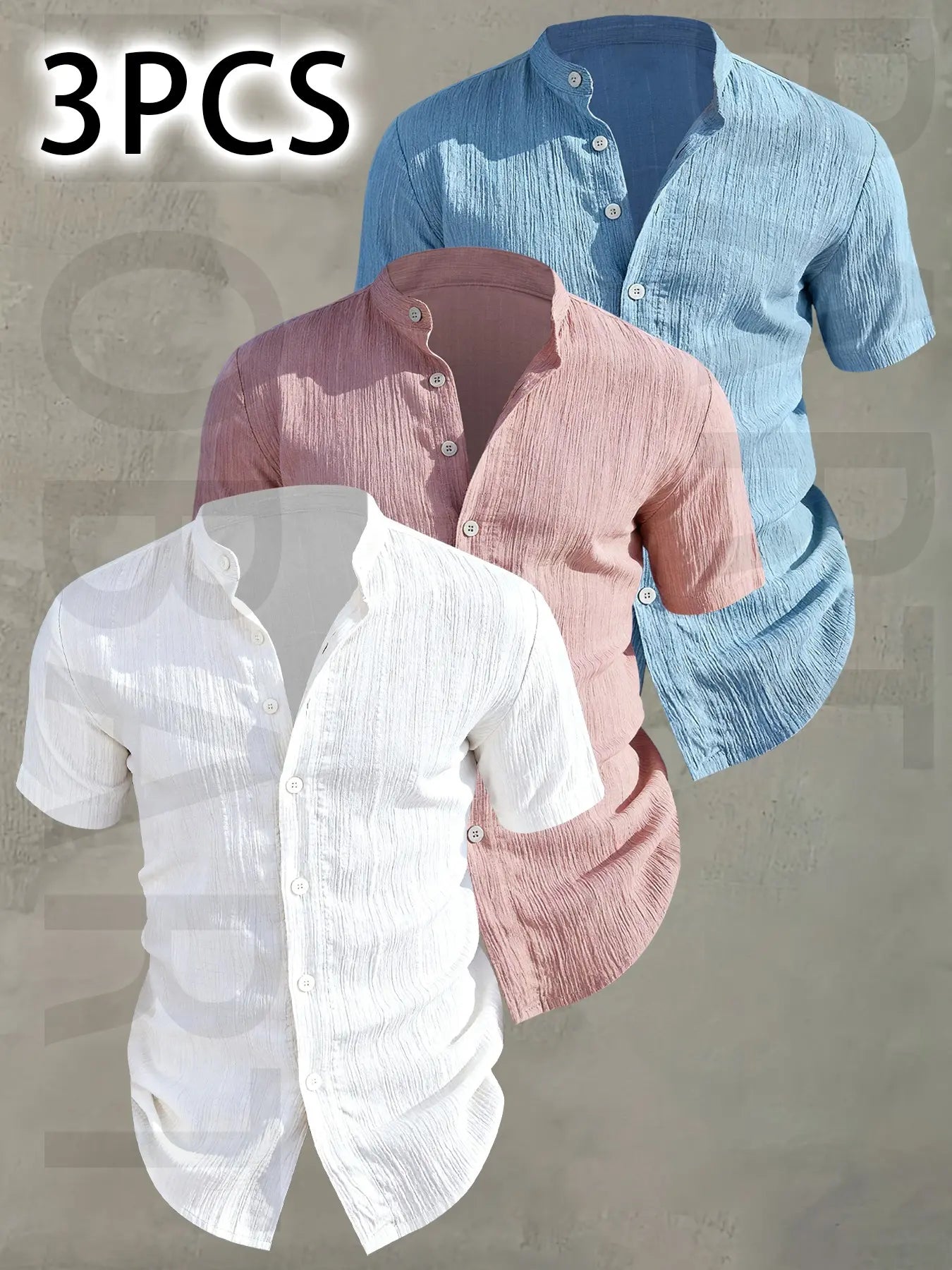 3pcs Men's Summer Lightweight Casual Button-Up Shirts with Stand Collar