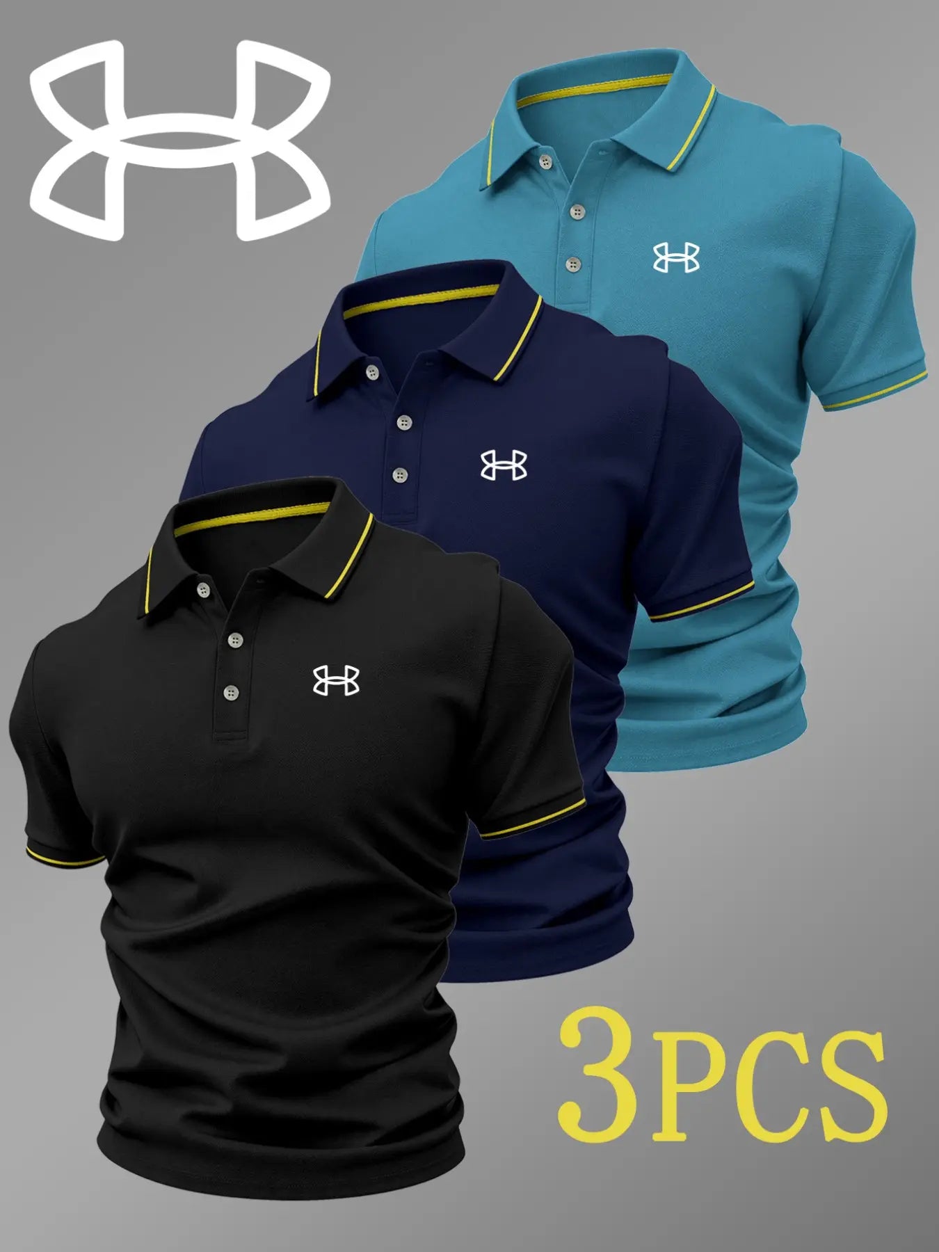 Men's Luxury Golf Polo Shirt Set, 3-Pack, Durable Collared Short-Sleeve Polos with Logo Print, Breathable Stretchy All-Season Casual Wear