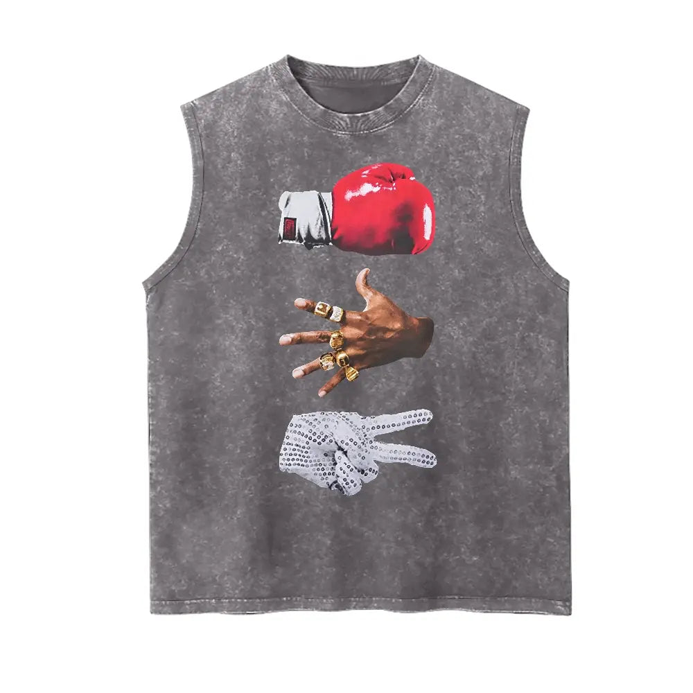 Retro Hip Hop "Boxing Championship Rings and Gloves" Graphic Vintage Washed Tank 90s Graphic Sleeveless Tank Tops Men Vest Streetwear Outfits Men Vacation Outfits Sleeveless Shirt