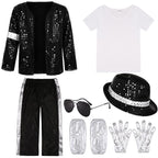 Boys' 80s-90s Pop Dance Costume Full Set - Polyester Sequins Criss Cross Striped T-Shirt & Pants, Sunglasses Included, Costumes with Accessories for Halloween, Cosplay Gear, 4-5/13-14Y Halloween Aesthetic Outfit